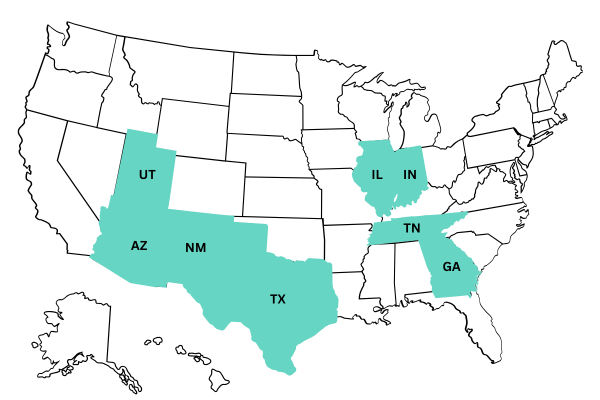Map of United States showing coverage areas